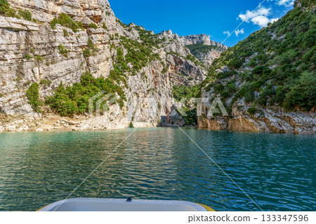 Boat trip on turquoise water of mountain canyon, Verdon Gorge in french Alps, Provence France. Boat trip on turquoise water of mountain canyon, Verdon Gorge in french Alps, Provence France. 133347596