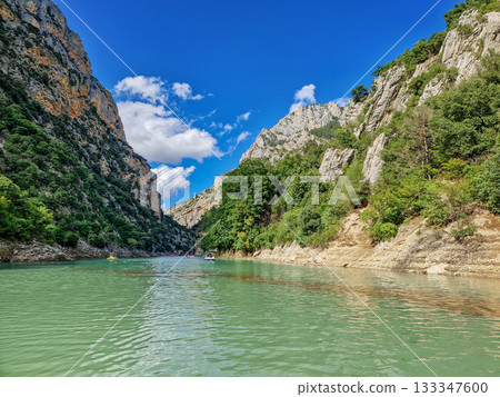 Boat trip on turquoise water of mountain canyon, Verdon Gorge in french Alps, Provence France. 133347600