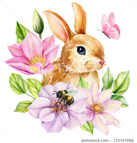 Bunny with pink and lilac clematis flowers bee and butterfly in soft spring watercolor illustration for design Bunny with pink and lilac clematis flowers bee and butterfly in soft spring watercolor illustration for design 133347666