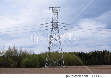 Electric power masts and cables, pylons. Electricity power station. Electric power masts and cables, pylons. Electricity power station. 133347692