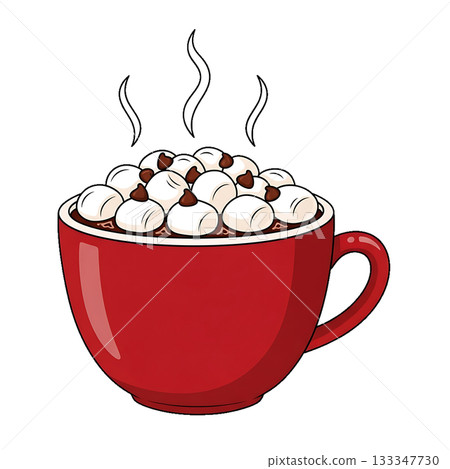 A red mug filled with hot cocoa topped with marshmallows. 133347730