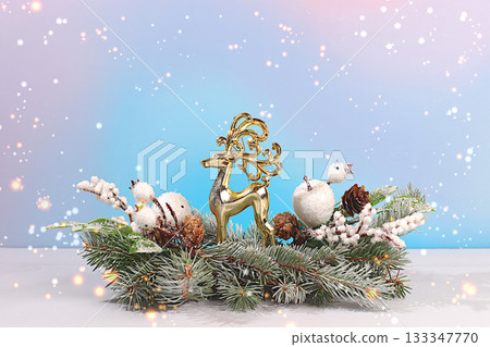 Happy New Year. Festive winter greeting card with Christmas decorations on snowy fir branches, Christmas Eve concept, New Year's background with lights and decorations, banner for the screen Happy New Year. Festive winter greeting card with Christmas decorations on snowy fir branches, Christmas Eve concept, New Year's background with lights and decorations, banner for the screen 133347770