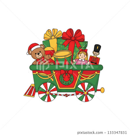 A festive gift cart filled with toys, greenery, and red ribbons. A festive gift cart filled with toys, greenery, and red ribbons. 133347831