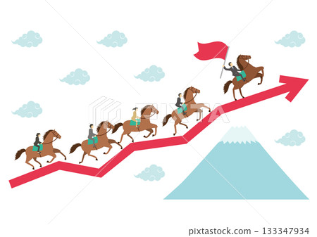 An illustration of an arrow representing the Year of the Horse, Mount Fuji, and a horse ridden by a businessman_Male leader 133347934