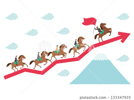 An illustration of an arrow representing the Year of the Horse, Mount Fuji, and a horse ridden by a businessman_Female leader An illustration of an arrow representing the Year of the Horse, Mount Fuji, and a horse ridden by a businessman_Female leader 133347935
