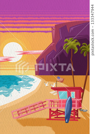 Vintage California beach sunset with lifeguard tower and retro coastal scenery Vintage California beach sunset with lifeguard tower and retro coastal scenery 133347944