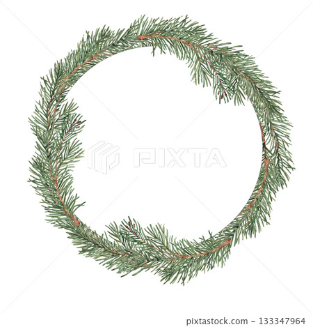 Watercolor fir, pine branches circle frame, wreath. Hand drawn watercolor illustration of evergreen winter plant. Perfect for Christmas or New Year and winter design, invitations, cards and products. Watercolor fir, pine branches circle frame, wreath. Hand drawn watercolor illustration of evergreen winter plant. Perfect for Christmas or New Year and winter design, invitations, cards and products. 133347964