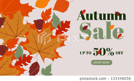 Vibrant Autumn Sale Banner with Green Leaves and Bold Discount Offer, Ideal for Seasonal Campaigns Vibrant Autumn Sale Banner with Green Leaves and Bold Discount Offer, Ideal for Seasonal Campaigns 133348056