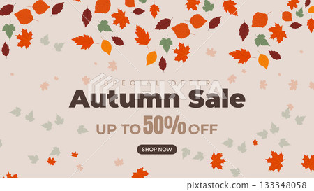 Subtle Autumn Sale Banner with Beige Background and Soft Orange Leaves, Ideal for Elegant Seasonal Promotions 133348058
