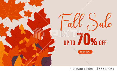 Fall Sale Banner with Bright Red and Orange Leaves, Bold Typography and 70% Discount Offer Fall Sale Banner with Bright Red and Orange Leaves, Bold Typography and 70% Discount Offer 133348064