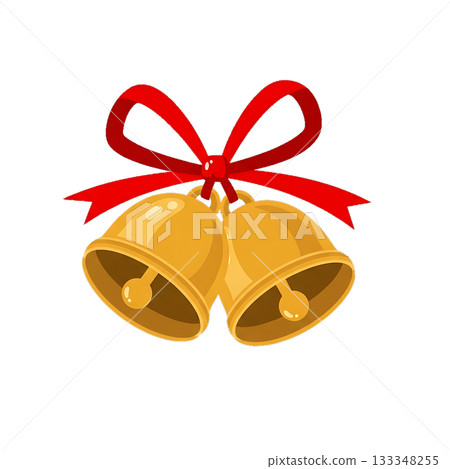 Two golden jingle bells tied with a red ribbon. 133348255