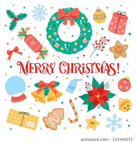 Merry Christmas vector card, cute greetings square design. Festive ornaments, jingle bells, Xmas holiday symbols for December seasonal greetings. Merry Christmas text. Flat and doodle style. 133348257