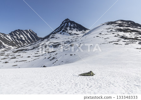 Snow-covered mountain landscape with footprints suggesting exploration in Jotunheimen, Norway Snow-covered mountain landscape with footprints suggesting exploration in Jotunheimen, Norway 133348333