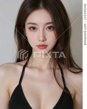 A woman with long hair wearing a black bikini and making a serious face 133348340