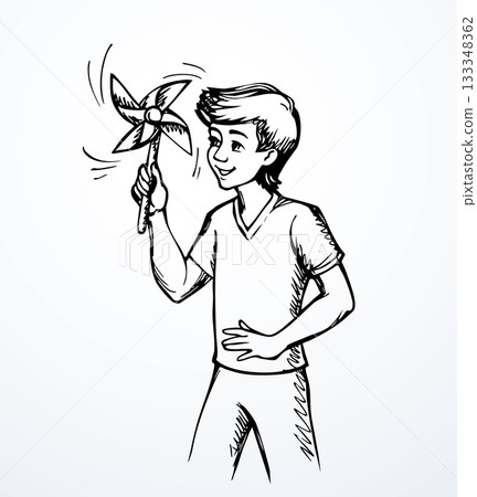 Vector drawing. A boy with a wind toy 133348362