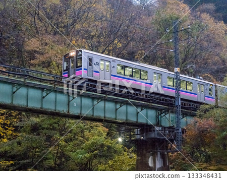 【田澤湖線】一列普通列車穿過秋葉飄落的山谷。 133348431