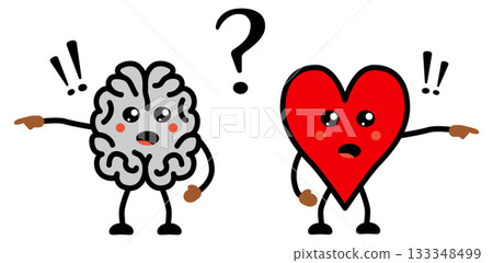 Cute Kawaii style disagreeing brain and heart icon, emotions and rational thinking conflict concept Cute Kawaii style disagreeing brain and heart icon, emotions and rational thinking conflict concept 133348499