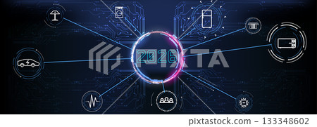 Future technology trends and innovations highlighted in a digital 2026 concept graphic. 133348602