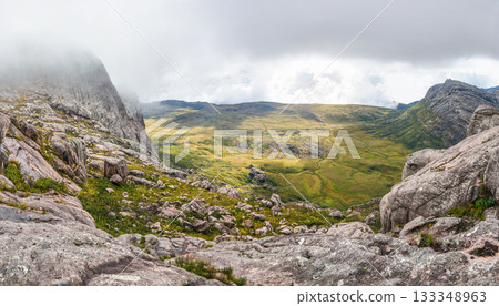 Typical landscape scenery seen during trek to pic Boby in Andringitra massif, Madagascar 133348963