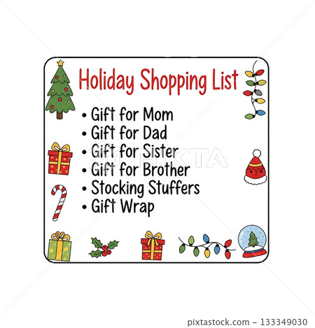 A holiday shopping list icon with colorful icons and handwritten notes. 133349030