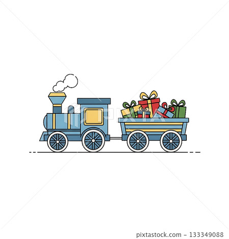 A small holiday train icon carrying presents in festive wagons. 133349088