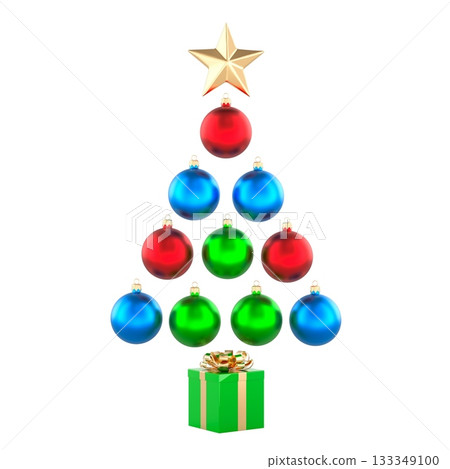 Abstract Christmas tree made from colorful baubles with golden star and gift box. 3D rendering Abstract Christmas tree made from colorful baubles with golden star and gift box. 3D rendering 133349100