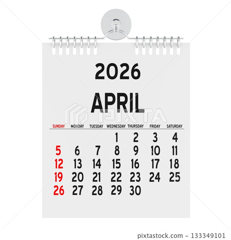 April 2026, wall calendar page. 3D rendering April 2026, wall calendar page. 3D rendering 133349101