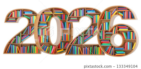 Bookshelf 2026, numbers with colorful books. 3D rendering 133349104