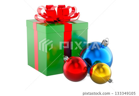 Christmas gift box with colorful baubles. 3D rendering 133349105
