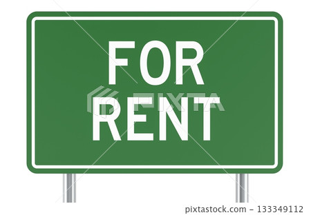 For Rent, green road sign. 3D rendering 133349112