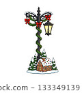A tall decorated street lantern icon wrapped in greenery with snowy houses below. 133349139