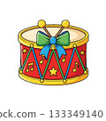 A colorful toy drum icon with stars, music notes, and holiday bow. 133349140