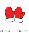 Red winter mittens icon with white fluffy cuffs, symbolizing warmth and holiday coziness. 133349199