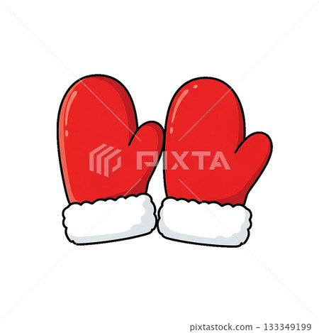 Red winter mittens icon with white fluffy cuffs, symbolizing warmth and holiday coziness. 133349199