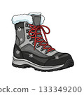 A sturdy winter boot icon with fur trim, snowflakes, and red laces for cold weather. 133349200