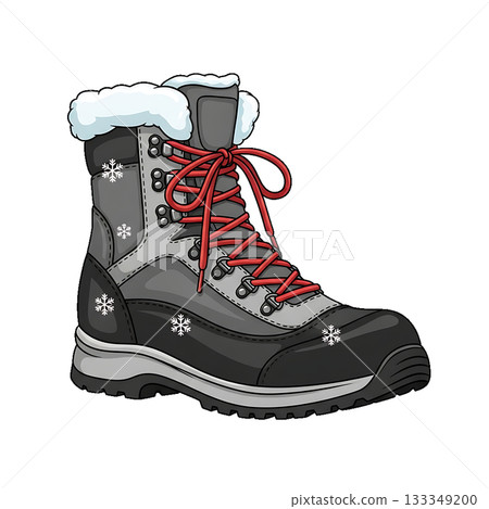 A sturdy winter boot icon with fur trim, snowflakes, and red laces for cold weather. 133349200