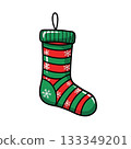 A festive Christmas stocking icon in red and green with decorative patterns. 133349201