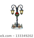 Classic streetlamp icon decorated with holly and glowing yellow lights for a holiday mood. 133349202