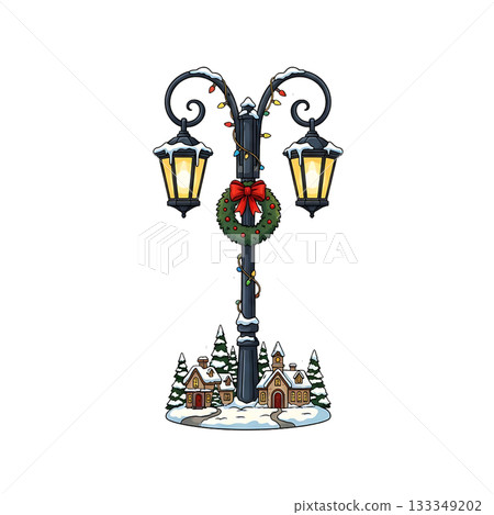 Classic streetlamp icon decorated with holly and glowing yellow lights for a holiday mood. 133349202