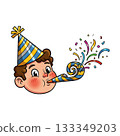 A cheerful party blower icon with a boy celebrating and colorful confetti. 133349203