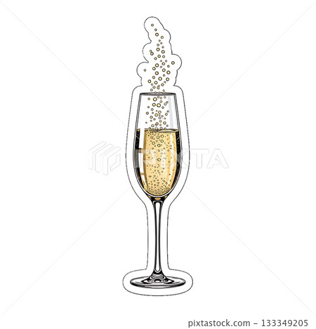 A champagne glass icon with sparkling bubbles rising in a celebratory drink. 133349205