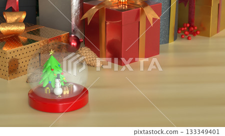 Christmas Snow Globe with Snowman and Tree 3d render Christmas Snow Globe with Snowman and Tree 3d render 133349401
