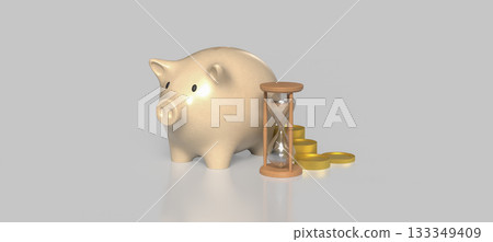 Piggy Bank with Hourglass and Gold Coins 3d render. 133349409