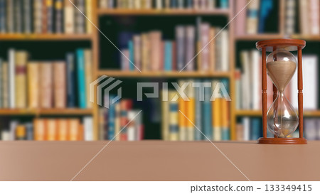 Hourglass on Table in Blurred Library Background 3d render. Hourglass on Table in Blurred Library Background 3d render. 133349415