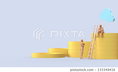 The Miniature People with Ladder and Stacked Coins 3d rendering. The Miniature People with Ladder and Stacked Coins 3d rendering. 133349416