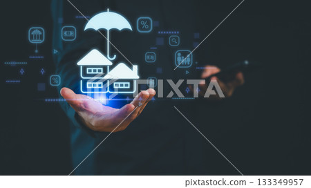Real estate insurance concept with businessman holding digital house and umbrella icon, property protection, risk management, financial security, and modern home investment safety solutions. Real estate insurance concept with businessman holding digital house and umbrella icon, property protection, risk management, financial security, and modern home investment safety solutions. 133349957