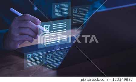 Hand using digital pen on laptop with glowing checklist documents and forms, symbolizing online survey, task management, workflow automation, electronic signature, and digital productivity solutions. Hand using digital pen on laptop with glowing checklist documents and forms, symbolizing online survey, task management, workflow automation, electronic signature, and digital productivity solutions. 133349983
