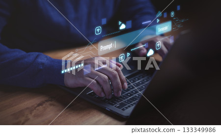 Artificial intelligence and machine learning concept with man typing prompt on laptop computer, AI content generation, digital innovation, natural language processing, and futuristic technology. 133349986
