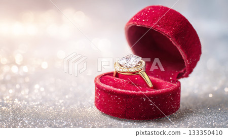 鑽石戒指，裝在紅色天鵝絨盒子裡 133350410