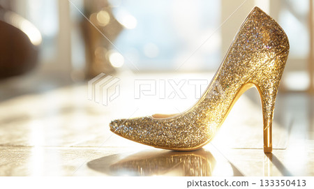閃亮的金色亮片高跟鞋 閃亮的金色亮片高跟鞋 133350413